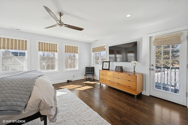 bedroom featuring wood finished floors, baseboards, recessed lighting, ceiling fan, and access to exterior