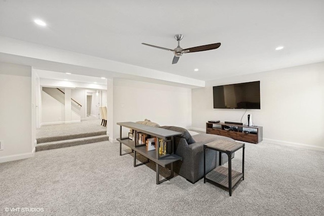 living room with recessed lighting, stairway, and carpet flooring