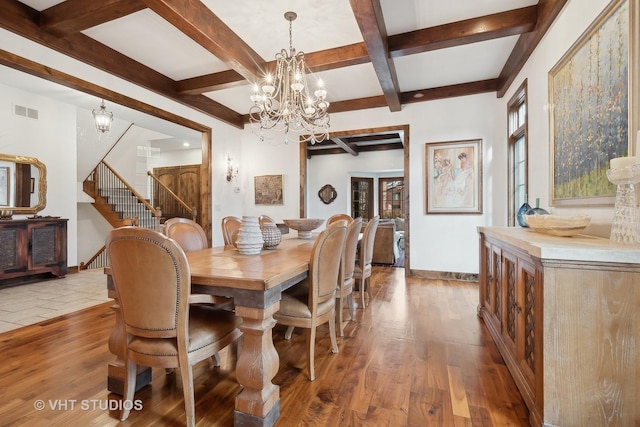 dining area featuring coffered ceiling, wood finished floors, visible vents, baseboards, and stairway