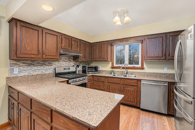 kitchen with light wood finished floors, under cabinet range hood, a peninsula, stainless steel appliances, and a sink