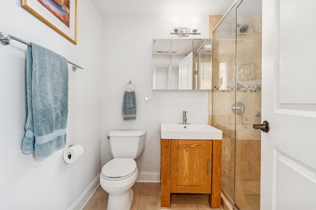 full bathroom with vanity, baseboards, tile patterned flooring, a shower stall, and toilet