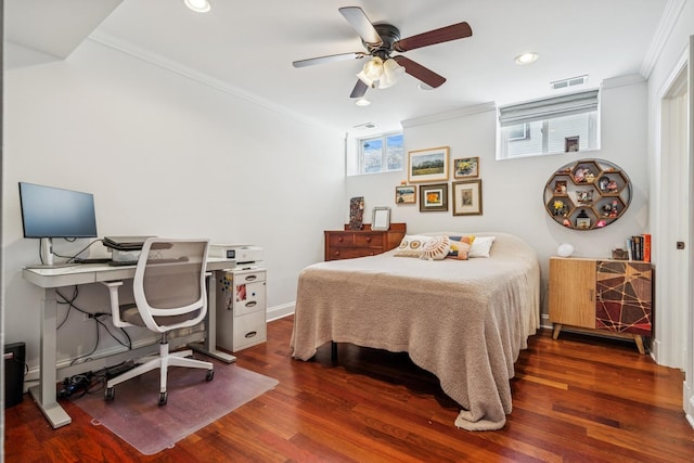 bedroom with visible vents, a ceiling fan, wood finished floors, recessed lighting, and crown molding