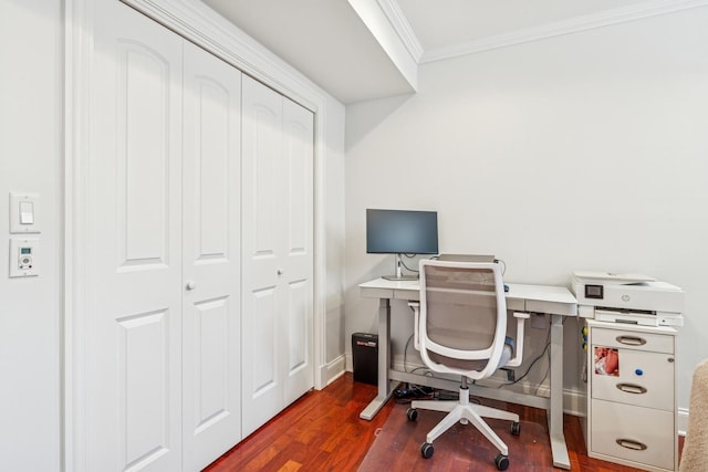 home office featuring wood finished floors, baseboards, and ornamental molding