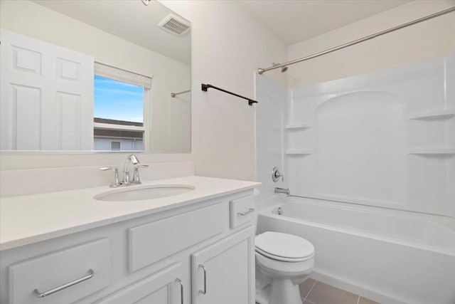 full bathroom featuring visible vents, toilet, tub / shower combination, vanity, and tile patterned floors