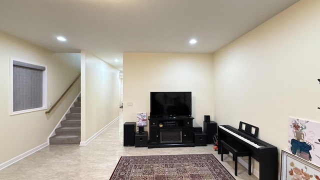 living area with stairway, recessed lighting, and baseboards