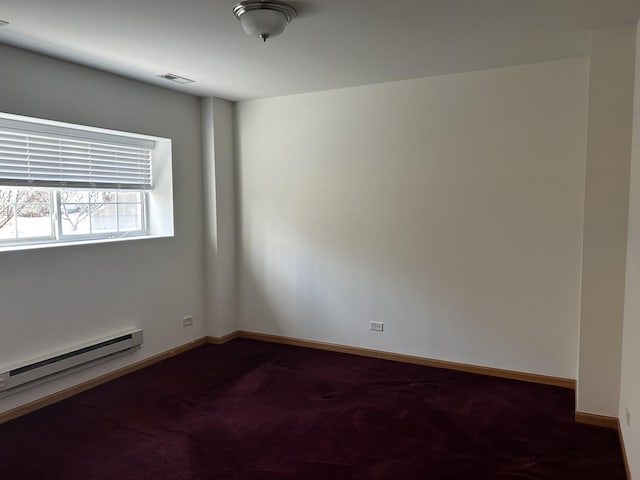 spare room with visible vents, dark carpet, baseboards, and a baseboard radiator