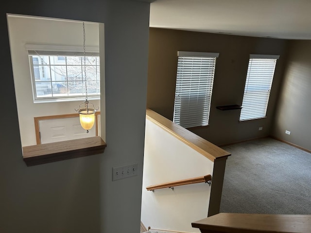 stairway featuring carpet and baseboards