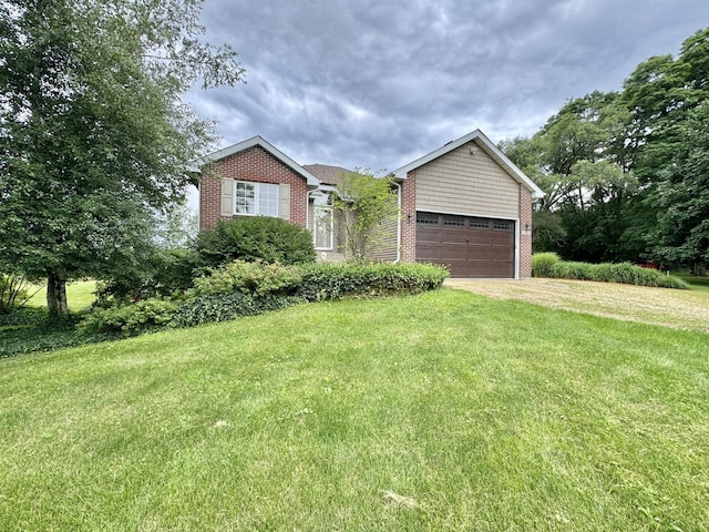 single story home featuring concrete driveway, an attached garage, brick siding, and a front yard