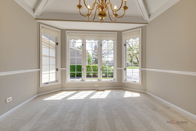 122 Kilchurn Ln, Inverness, IL 60067 - carpeted spare room with a chandelier, beam ceiling, healthy amount of natural light, and baseboards