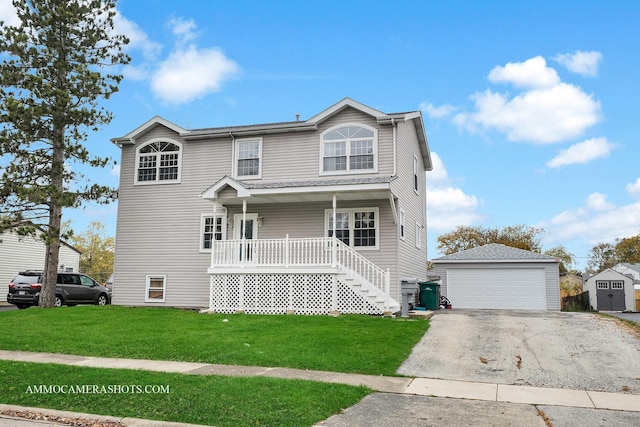 traditional home featuring covered porch, an outdoor structure, a garage, and a front yard