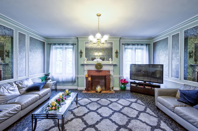 living area with a brick fireplace, plenty of natural light, and ornamental molding