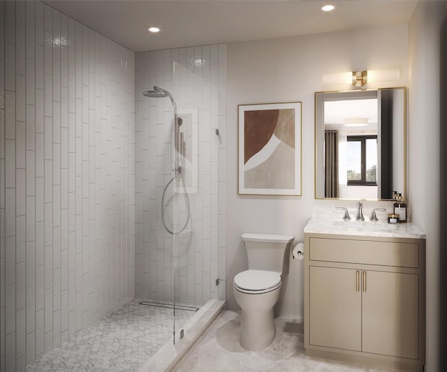 bathroom with toilet, vanity, a tile shower, and recessed lighting