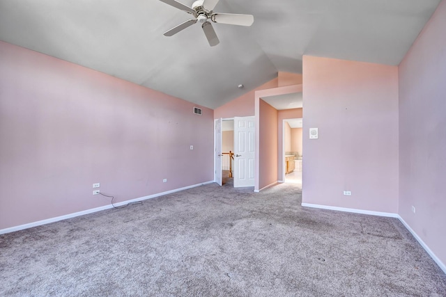 spare room featuring visible vents, baseboards, carpet, and ceiling fan