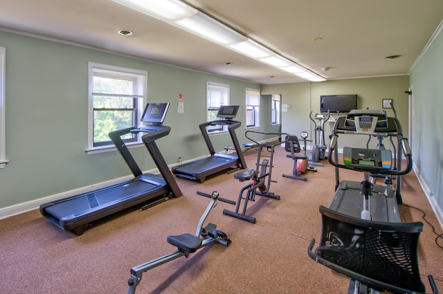 exercise area featuring baseboards and ornamental molding