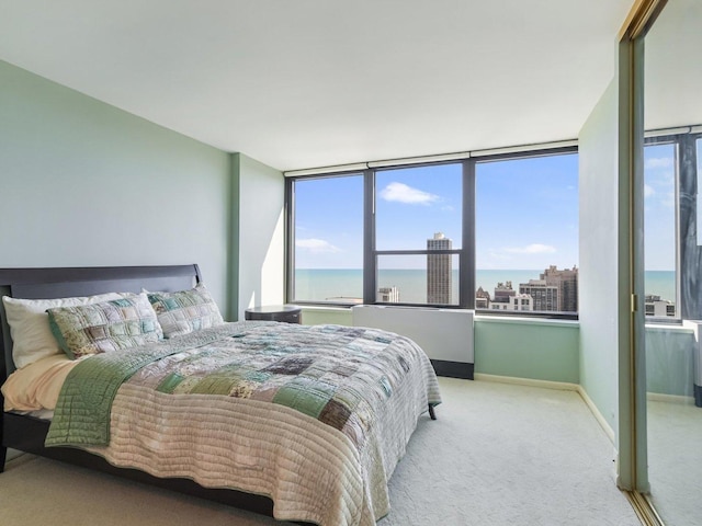 carpeted bedroom with multiple windows, baseboards, and a water view