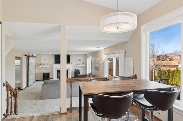 dining space with a wealth of natural light and a lit fireplace