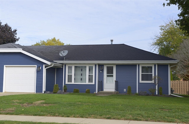 ranch-style house with a shingled roof, a front yard, a garage, and fence