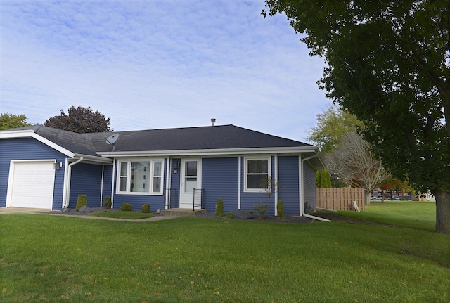 ranch-style house with a front lawn, a garage, and fence