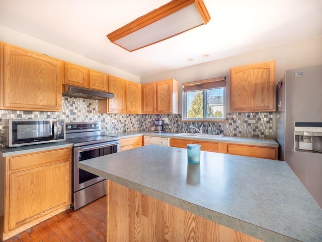 kitchen with wood finished floors, a sink, decorative backsplash, under cabinet range hood, and appliances with stainless steel finishes