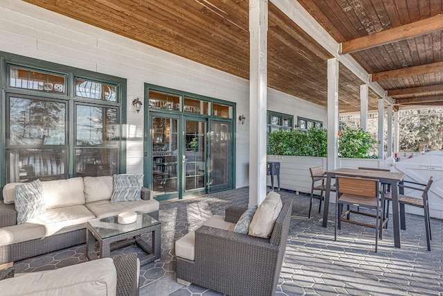 wooden deck featuring outdoor dining space and an outdoor living space