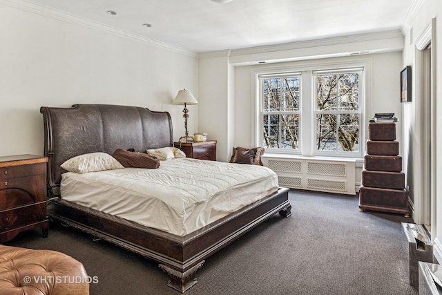 carpeted bedroom featuring radiator and crown molding