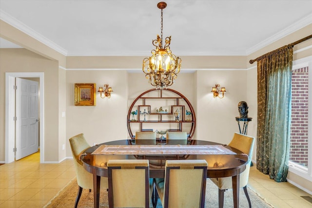 dining space with crown molding, a notable chandelier, baseboards, and light tile patterned floors