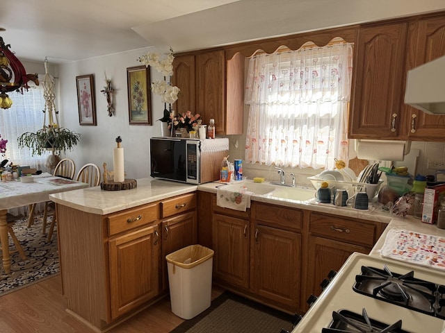 kitchen with brown cabinets, a peninsula, light countertops, light wood-style floors, and a sink