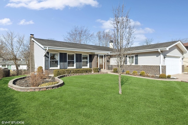 single story home featuring an attached garage, a chimney, a front lawn, concrete driveway, and brick siding