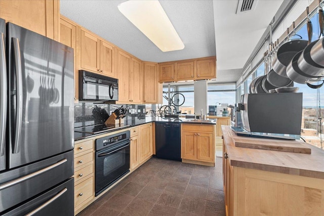 kitchen featuring a sink, black appliances, a wealth of natural light, and light brown cabinets