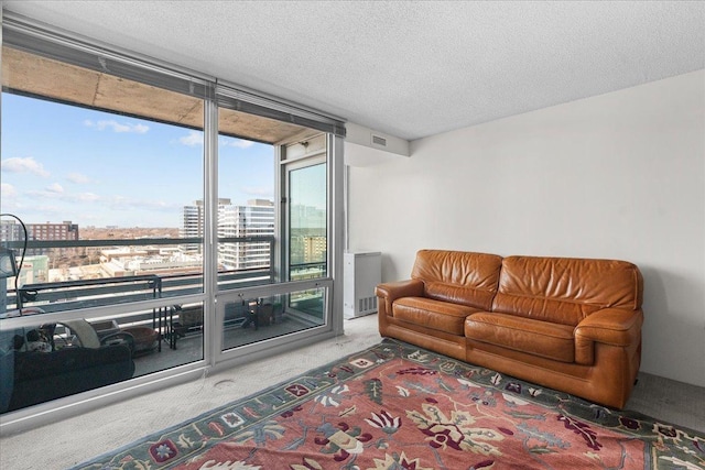 living room featuring a city view, floor to ceiling windows, a textured ceiling, and carpet floors