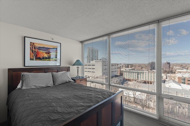 carpeted bedroom featuring a view of city, floor to ceiling windows, and a textured ceiling