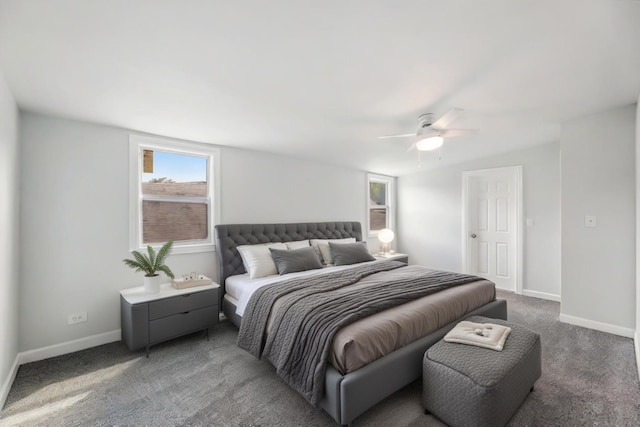 bedroom with baseboards, carpet, and ceiling fan