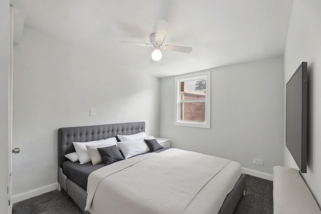 bedroom featuring carpet flooring, ceiling fan, and baseboards