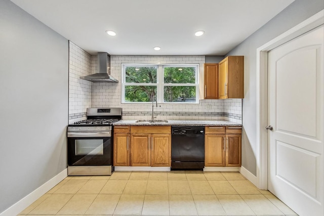 kitchen featuring a sink, black dishwasher, gas stove, wall chimney exhaust hood, and decorative backsplash