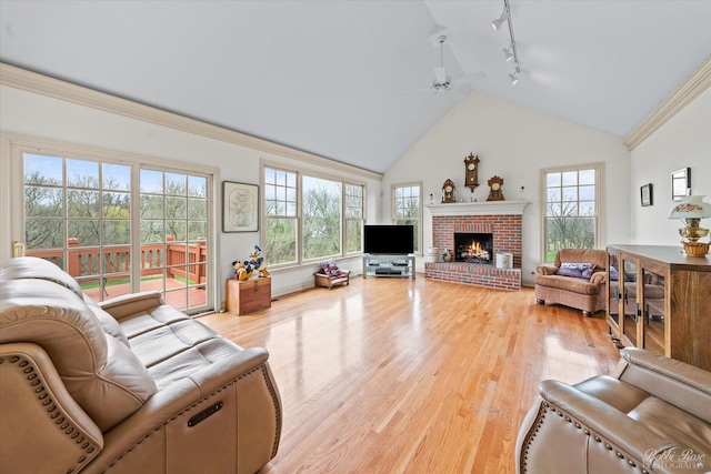 living area featuring track lighting, a ceiling fan, light wood-style floors, and a healthy amount of sunlight