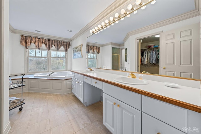 full bath featuring vanity, a spacious closet, crown molding, a shower stall, and a garden tub