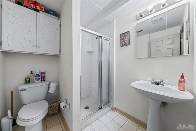bathroom featuring toilet, a stall shower, visible vents, and tile patterned floors