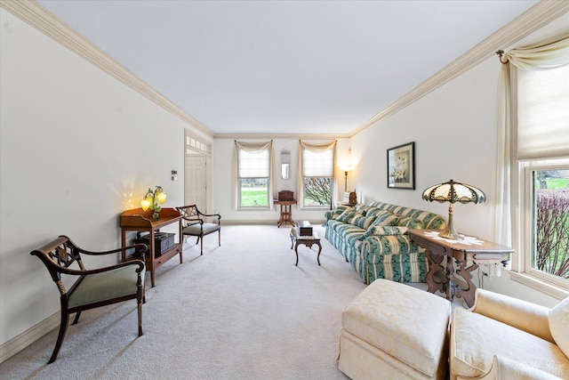 carpeted living room with crown molding and baseboards