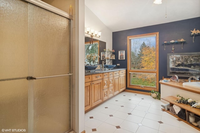 bathroom with lofted ceiling, a healthy amount of sunlight, a stall shower, and vanity