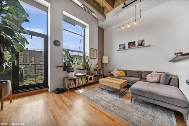 living area with a high ceiling, wood finished floors, and track lighting