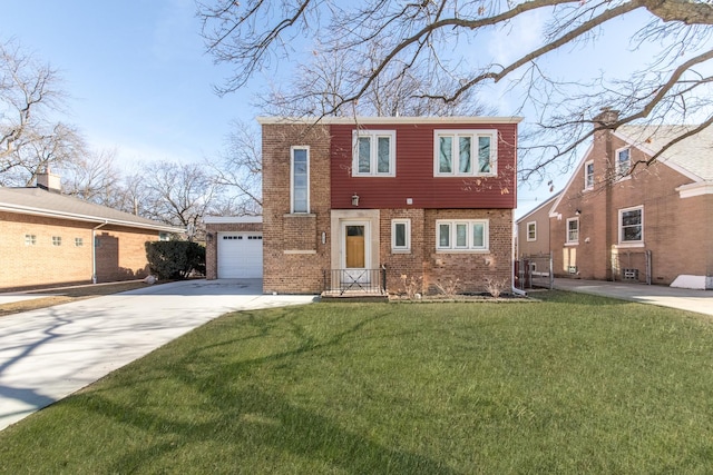 view of front facade with brick siding, an attached garage, concrete driveway, and a front yard