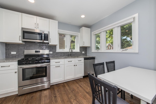 kitchen with a sink, light stone counters, dark wood finished floors, and stainless steel appliances