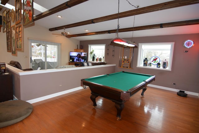 playroom featuring wood finished floors, baseboards, beam ceiling, ceiling fan, and pool table