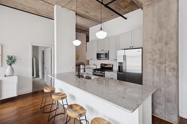 kitchen with a breakfast bar, a sink, stainless steel appliances, a towering ceiling, and dark wood-style flooring