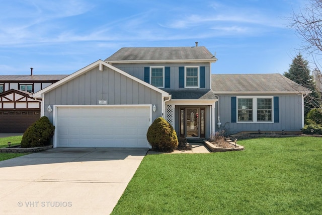 view of front of home featuring roof with shingles, a front lawn, concrete driveway, a garage, and board and batten siding