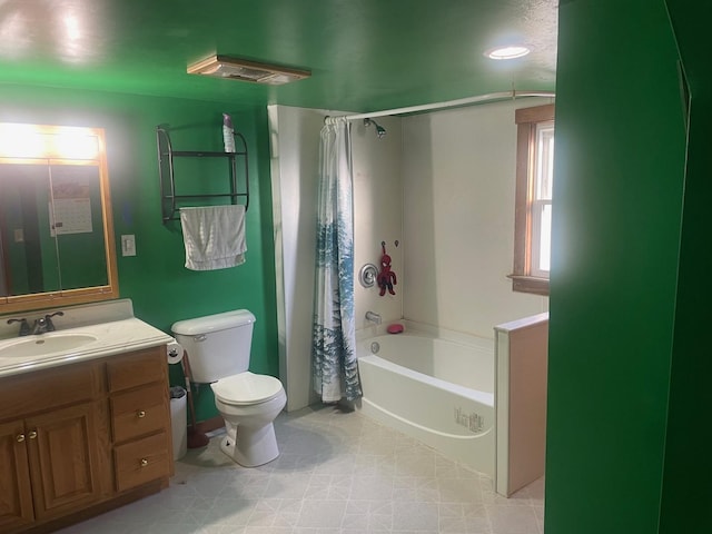 full bathroom with toilet, shower / tub combo with curtain, and vanity