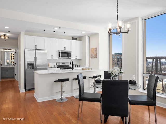 dining space featuring recessed lighting, floor to ceiling windows, baseboards, and hardwood / wood-style flooring