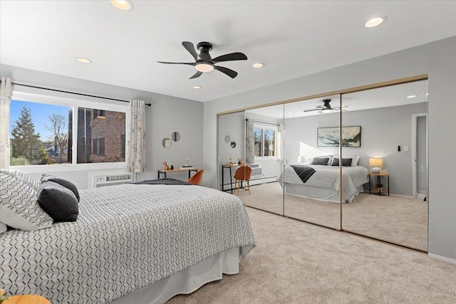 bedroom featuring baseboards, ceiling fan, carpet floors, recessed lighting, and a closet