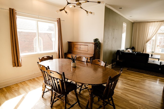 dining room featuring light wood-style floors, baseboards, and ornamental molding