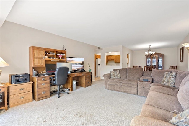 living room with light colored carpet and a notable chandelier